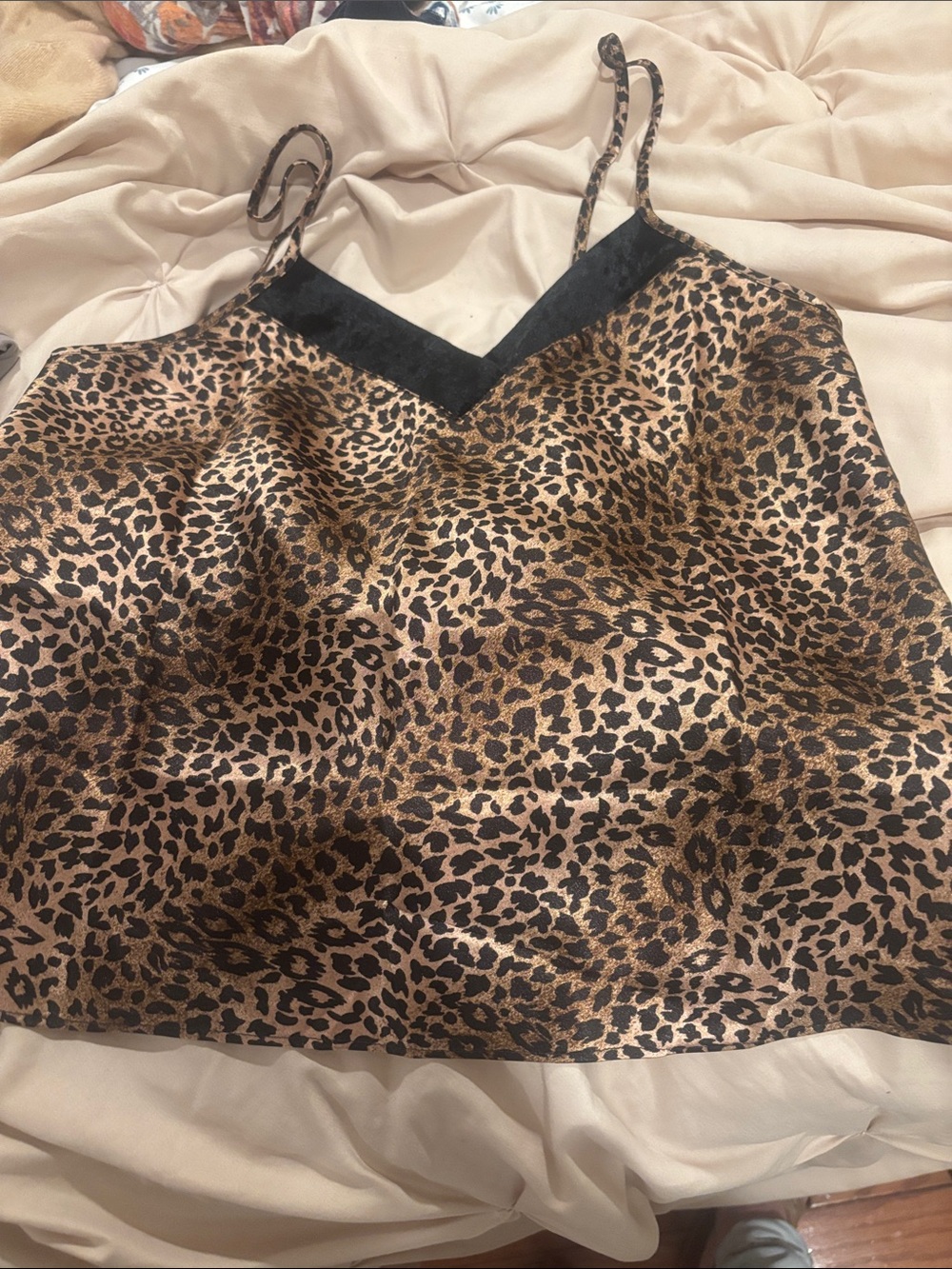Gilligan & O'Malley Leopard Print Satin Cami with Black Trim